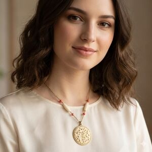 Vintage Pauline Rader Carved Pendant Necklace Cream & Pink Beads 25.5"